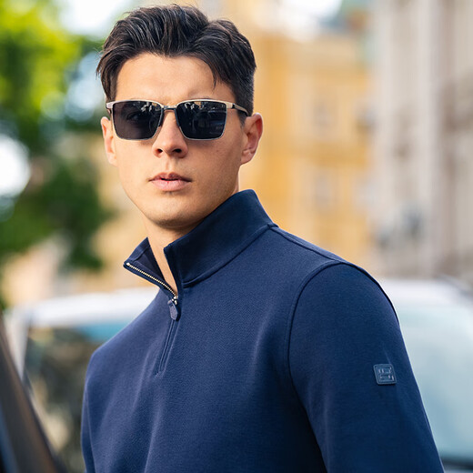 Mr. Bu customized leather label thickened long-sleeved T-shirt autumn zipper half turtleneck business men's BT10616 deep sea blue (left sleeve leather label) XL (180)