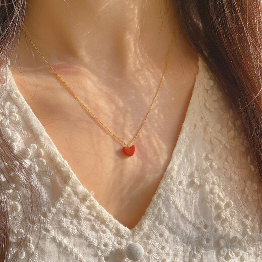 Bhiodha zirconium washable high quality 14k gold small red heart necklace clavicle chain peach heart red 18K gold 18K gold