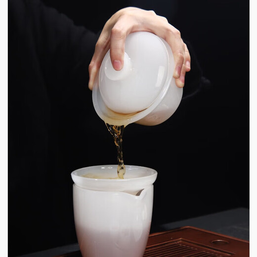 Xiangdu Glazed Tea Set Covered Bowl Set High-end Home Office Reception Kung Fu Tea Set Tea Bowl Tea Cup Tea Leak Fair Cup White Jade Glazed-Safe Packaging 9 Pieces