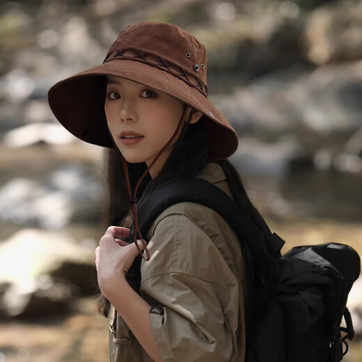 妙奕嘉登山帽女西部牛仔帽复古大檐渔夫帽男户外遮阳防晒帽子钓鱼太阳帽 复古咖交叉抽绳西部牛仔帽