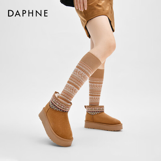 DAPHNE达芙妮雪地靴女加绒加厚东北保暖大棉靴冬季新款复古美拉德厚底短靴 驼色 加绒 跟高4.5cm 37 (235mm) 标准码