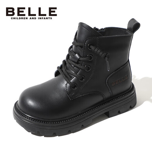 Belle children's shoes winter children's boots girls fashion leather boots baby warm plus fleece Martin boots black size 34