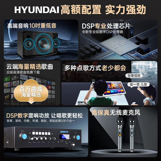 HYUNDAI modern home ktv audio set home karaoke home theater karaoke jukebox high-power speaker combination dual 6.5-inch speaker + 300W amplifier + wireless microphone