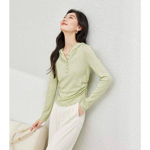 Vanchiman light oat color casual and fashionable hooded T-shirt for women in spring 2025 new versatile slim knitted top M6221 light bean green L