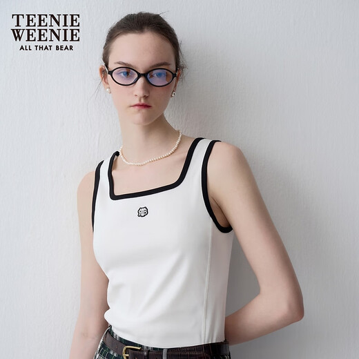 Teenie Weenie Bear Women's Summer Casual Fashion Contrast Color Wide U-neck Knitted Vest T-shirt Base Shirt White S