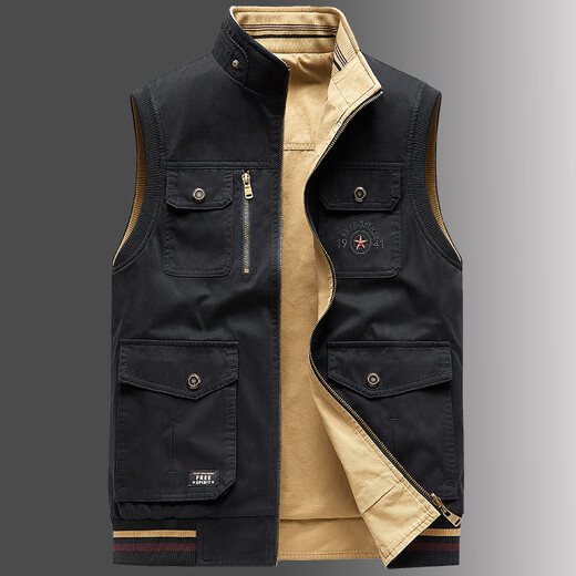 卡思威仪春秋新款双面穿马甲男工装多口袋男士宽松大码纯棉立领无袖外套男 米白色/反面卡其色 XL 【建议140斤体重左右】