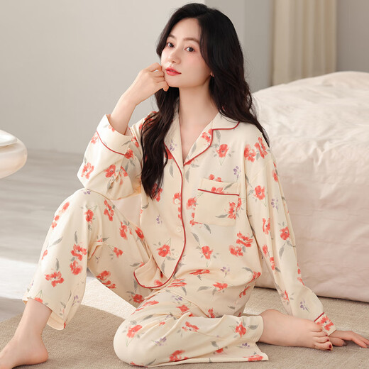 Drei Guns Pyjama Frauen Frühling und Herbst Pure Cotton Long Sleeve Hosen Mode Revers Home Anzug Herbst Baumwoll High-End-Sense Set 9249 L Frauen (Empfohlen 100-120 Jin [Jin ist gleich 0,5 kg])