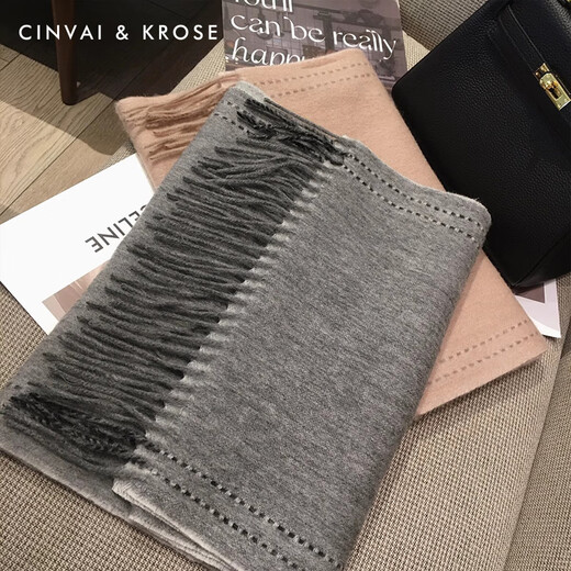 CinvaiKrose autumn and winter scarf women's pure wool 100% warm scarf double-sided shawl boys birthday Christmas gift for girls gray limited gift box packaging