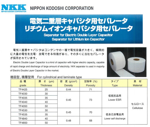 日本NKK TF4840 TF4035 TF4050纤维素隔膜  有机体系超电容40um TF4035(宽120mm×长5m)35um