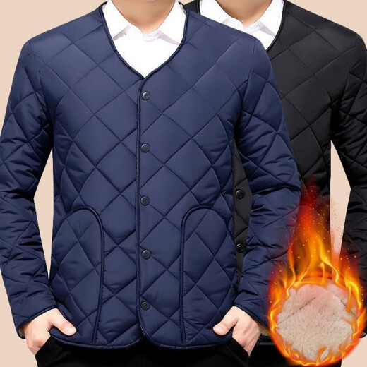 Manxinan Men's Velvet Cotton Jacket Autumn and Winter Short Thermal Underwear Middle-aged and Elderly Thickened Cotton Liner Dad's Clothes Long Sleeve Wear Inside and Out Black Diamond-shaped Cotton Jacket Thickened with Velvet 3XL 130-150Jin Jin is equal to 0.5 kg