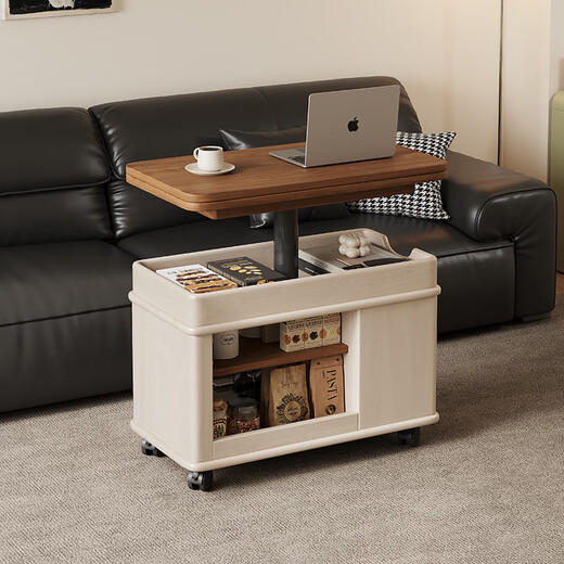 Hexuan solid wood movable coffee table with foldable lifting storage side cabinet multi-functional wheeled sofa side table trolley Lecheng medium color