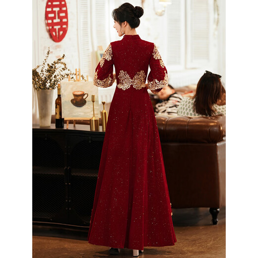 Ai Feilin new Chinese toasting dress cheongsam 2025 new burgundy Xiuhe dress bride wedding long-sleeved high waist slimming belly covering light Xiuhe dress 80 M