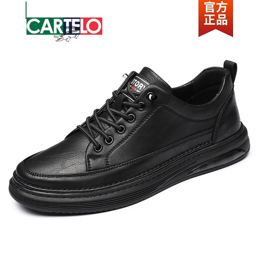 卡帝乐鳄鱼（CARTELO）男鞋新款2025秋季潮流软底百搭运动板鞋休闲透气皮鞋男真皮男款 黑色【四季款】DCR-6623 42