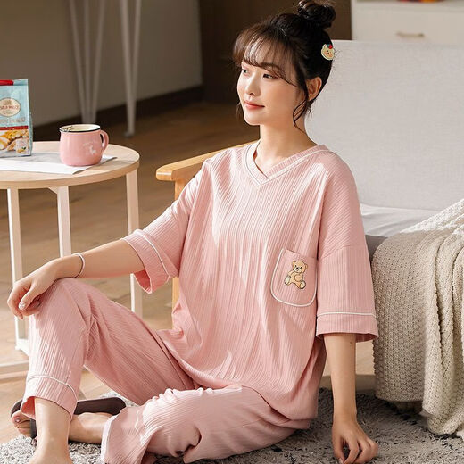 浪莎（langsha）睡衣女夏季棉质短袖薄款套装加大码胖mm200斤可爱卡通宽松家居服 B9923七分裤 M (80-100斤内)