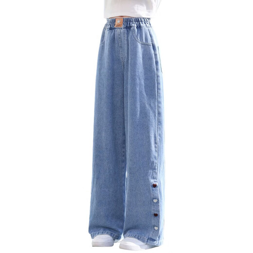 
I.KARNOW girls denim wide-leg pants children's fashionable Korean version 2025 new spring straight-leg pants medium-large children's casual trousers 13068 blue + 13062 light blue grid 120