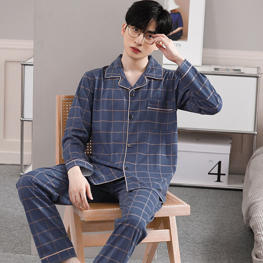 Langsha men's pajamas men's spring and autumn pure cotton long sleeves large size 2025 new cotton boys' autumn and winter home set WR 9921 WR 9921 men's model L [Suggested 95125Jin [Jin equals 0.5 kg]]