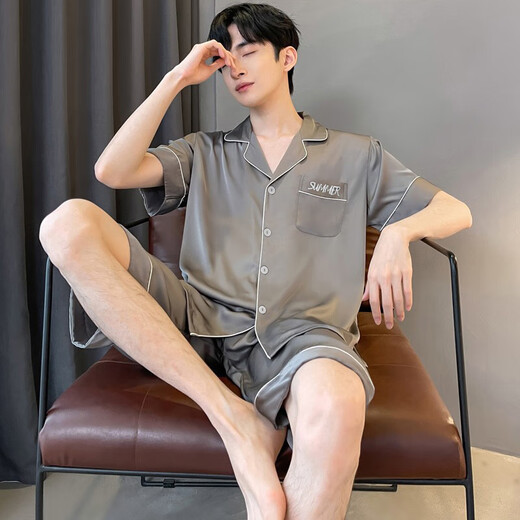 Antarctic pajamas men pajamas men summer ice silk shorts shorts loose can be worn outside home clothing suit gray XL