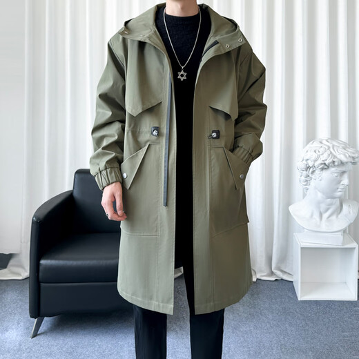 Мужская ветровка средней длины выше колена Kaduton для весны и осени, новый стиль в Гонконге, красивое свободное повседневное длинное пальто, трендовое светло-зеленое, стандартный размер XL (рекомендуемый вес 145-165 Jin Jin равен 0,5 кг)