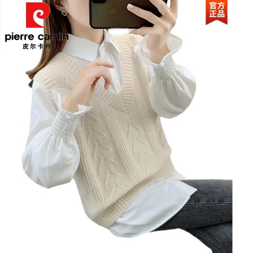 Pierre Cardin Frühjahr und Herbst 2025 Neue Frauenweste Strickweste Weste Pullover V-Ausschnitt Lose Pferdeclip außerhalb von Strick 1047 Yellow XL [Empfohlen 121jin [Jin ist gleich 0,5 kg] -130jin [Jin gleich 0,5 kg]]