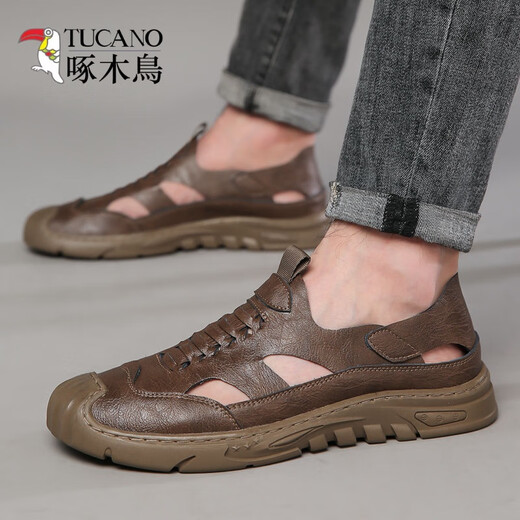 
Woodpecker genuine leather cowhide heightened hole shoes for men summer new 2024 sandals men breathable hollow men casual interior 6629 black 39