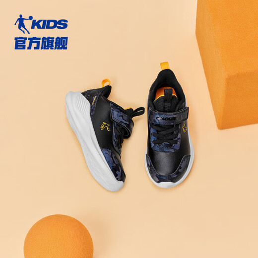 乔丹男童跑步鞋小童冬季革面运动鞋魔术贴童鞋 黑色/蜜桃橘32