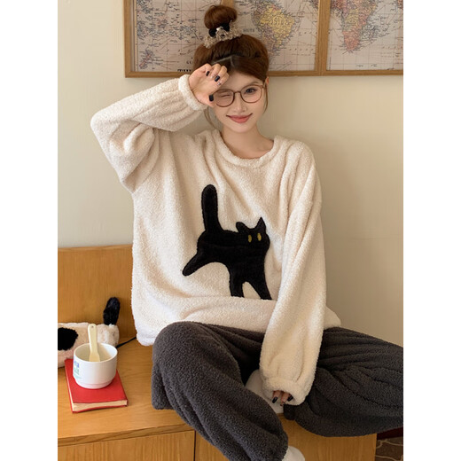 Modal 2024 new coral velvet pajamas for women in winter plus velvet thickened half-edged velvet cartoon black cat autumn and winter home clothing OM-4872-Puttender rice velvet cover-Pink hat cat S[80-100Jin[Jin equals 0.5 kg]]