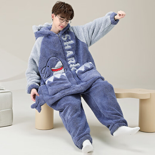 少年情话男士睡衣珊瑚绒秋冬款加绒加厚青少年休闲家居服套装可外穿连体衣 YPF3892鲨鱼 男XL(130-155斤)