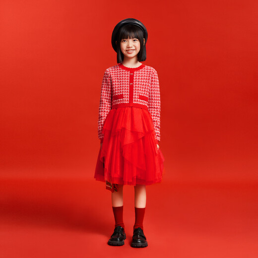 Annair girls' long-sleeved sweater knitted dress 2025 spring new style small fragrant stitching mesh skirt red New Year's red 110cm