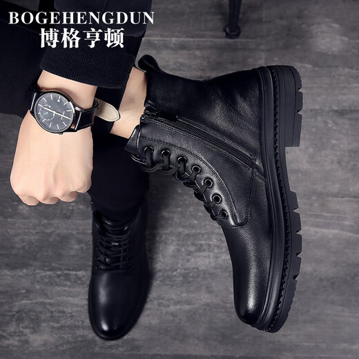 Borghunton Brand Martin Boots Herren Frühling Neue High Top -Schuhe Männer vielseitig plus samter warm warm britische Arbeitskleidung Kurzstiefel Herren Schwarz [Marken -Herrenstiefel] 40