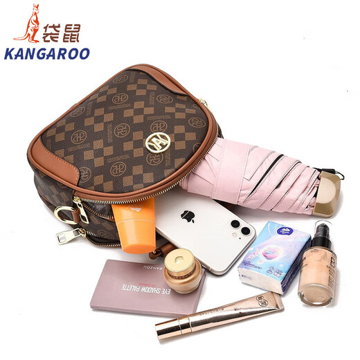 袋鼠（KANGAROO）高品质女包包2024新款印花百搭时尚小圆包单肩斜挎手提包包女 方块料-米白