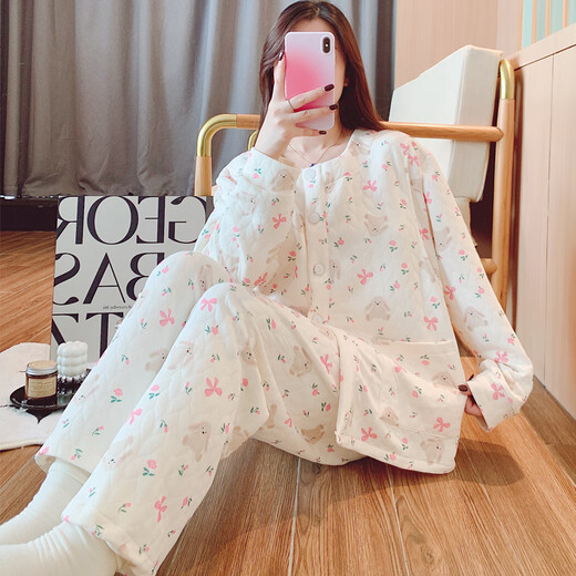 带胸垫孕妇睡衣产妇喂奶月子服秋冬夹层产后哺乳怀孕期空气棉套装 SHB6227 L码（建议100-120斤）