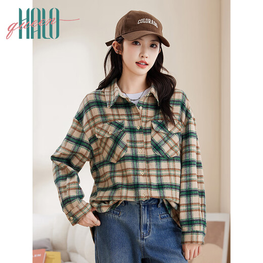 Halo Queen thick long-sleeved shirt women's autumn and winter trendy pocket plaid shirt new casual top jacket H144C6004