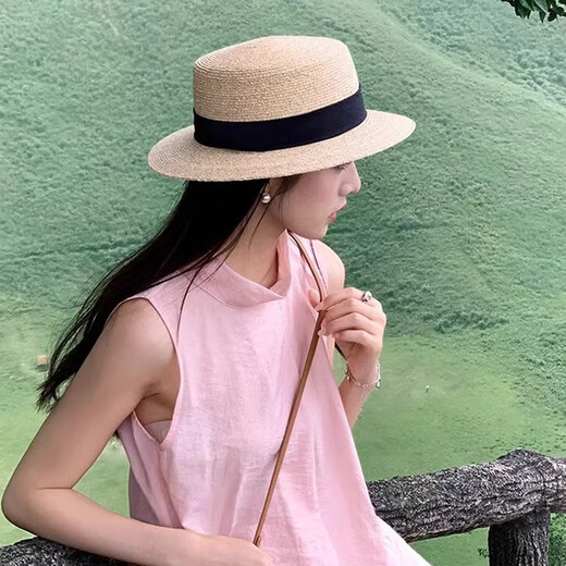 2025 neuer französischer flacher Top Strohhut Frauen großer Kopf Zaun Strand Strand Top Hut Stricker Hut Sommer Flat Top Strohhut-Rice Black-1 Top