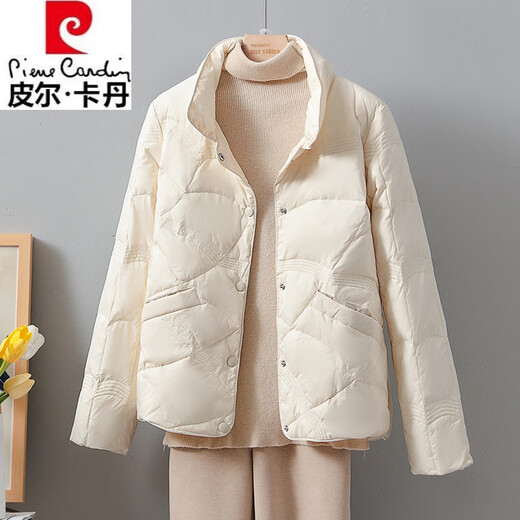 Pierre Cardin 2025 New Xiangyun Down Jacket Women's Short Stand Collar Thin White Duck Down Fashionable Autumn and Winter Small Lightweight Jacket White Real Down Fake One Penalty Three S 90-115Jin Jin is equal to 0.5 kg