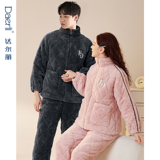 Dalli couple pajamas winter coral velvet three-layer quilted thickened warm flannel sandwich casual home wear set for women T8237113-011-pink women L