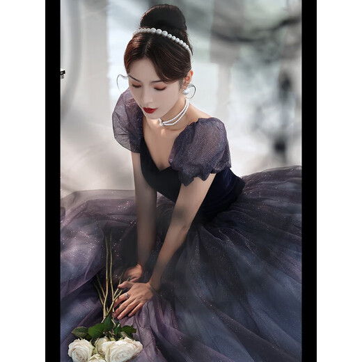 Raft core art exam dress music student bel canto French high-end evening girl light luxury party host elegant performance puff sleeve black 9906 M