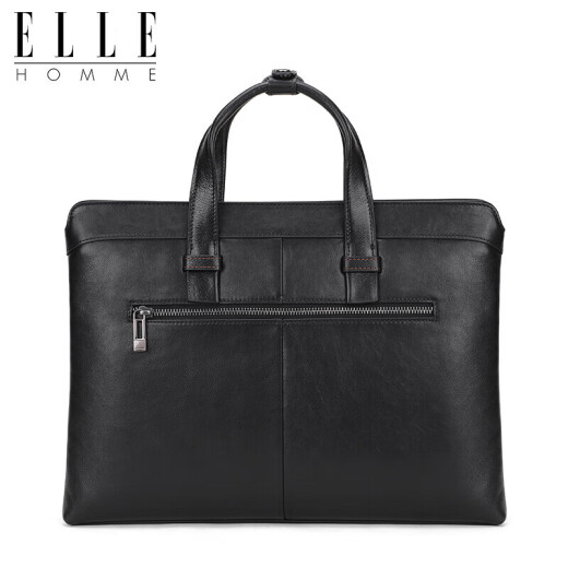 ELLEHOMME Men's Business Briefcase Fashionable Genuine Leather Handbag Horizontal Trendy Simple Cowhide Men's Bag EA988202910 Black
