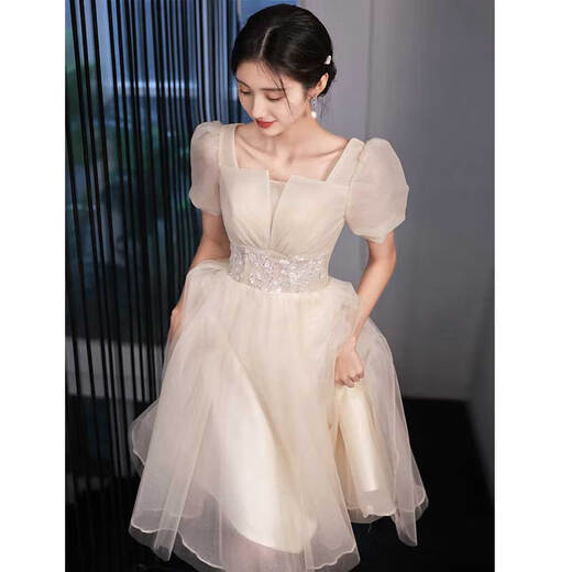 Seidler champagne color small evening dress, feminine and high-end, can be worn daily by petite people to get a certificate and register for engagement. Champagne S (recommended 86-95 Jin Jin is equal to 0.5 kg)