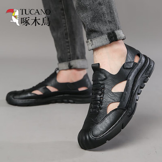 
Woodpecker genuine leather cowhide heightened hole shoes for men summer new 2024 sandals men breathable hollow men casual interior 6629 black 39