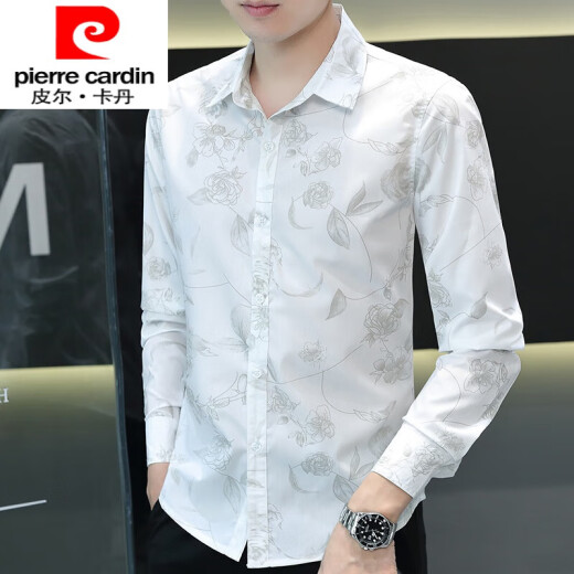 皮尔卡丹（pierre cardin）春秋季印花衬衫男士长袖青年花卉图案棉薄款修身时尚休闲碎花衬衣 723灰色 M 80-104斤