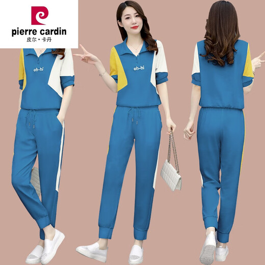 皮尔卡丹（pierre cardin）冰丝休闲时尚套装女2024年夏季新款宽松洋气跑步运动服短袖两件装 (684)黑色 3XL(建议139-150斤)( )