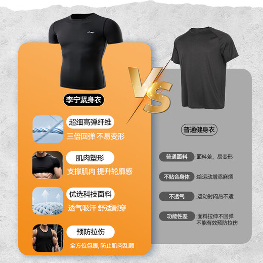 Li Ning (LI-NING) tights, quick-drying clothes, men's basketball training clothes, fitness quick-drying t-shirts, high-elastic running sports short-sleeved badminton clothes