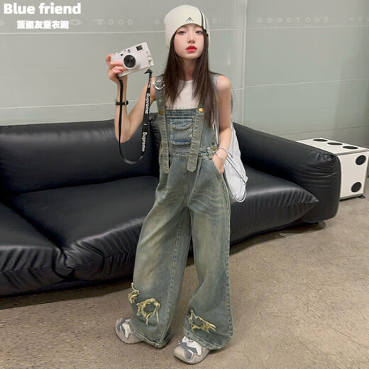 
Girls Spring Clothing Set 2025 New American Retro Children's Overalls Fashionable Autumn and Summer Girls Two-Piece Set Vest 140cm