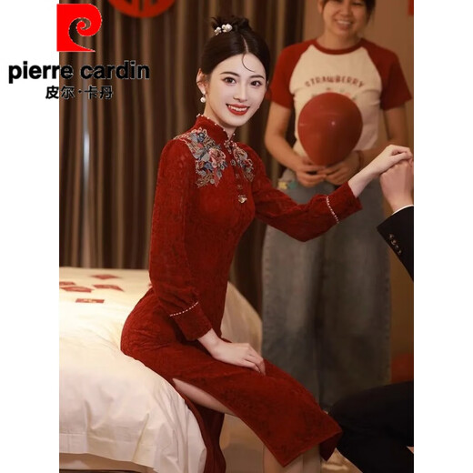 Pierre Cardin Official Burgundy Cheongsam Toast Wear Bride Wedding Chinese New Engagement Dress Back Door Dress Autumn Long Sleeve Burgundy Long Sleeve L