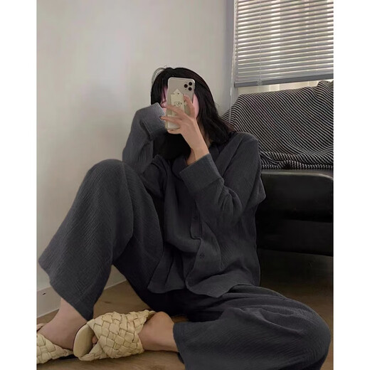 朵弦DUOXUAN居韩版感棉纱睡衣女春秋季色长袖长裤休闲宽松家居服套装 #d-9214t款 M 75-98斤