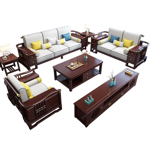 Nr. 1 Haoting Massives Holzsofa Wohnzimmer Neue chinesische Möbel Kleine Einzel- und Doppel-Dreifach-Sofa 2025 Neues Modell 9906# SaTenstoff vier Personen + Imperial Couch [Rahmen] Baumwolle und Linienstoff