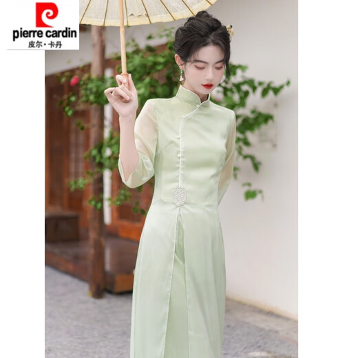 皮尔卡丹仙气汉服日常禅意茶艺师服装采耳古筝养生馆新中式旗袍连衣裙 689浅绿套装 S