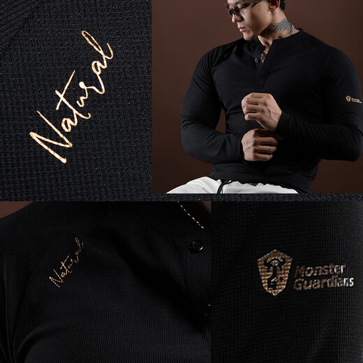 Monster Guardians Men's Long Sleeve Fitness Clothing Gold Stamping Logo Slim Fit Henley Moisture-wicking Sports Training Clothing White M