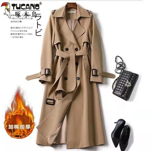 Woodpecker windbreaker women's mid-length 2025 spring and autumn new Korean style large size small popular British style coat over the knee coat khaki plaid lining L recommended 115-130 Jin Jin equals 0.5 kg