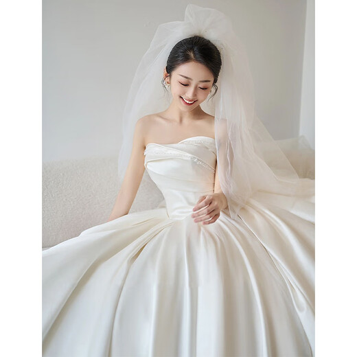 DL 1998 Pangdonglai Calidad Vestido de novia de calidad Bride Bride Pein Yarn Strip Satin New Texture French Retro White Fit Style <Vestido de novia único sin accesorios>+ XXL: Peso 130 Jin [Jin equivale a 0.5 kg]